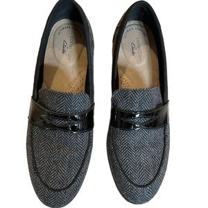 Clarks Trish Rose Black Combo Comfort Shoes Leather/Black Grey Tweed 1" Heel